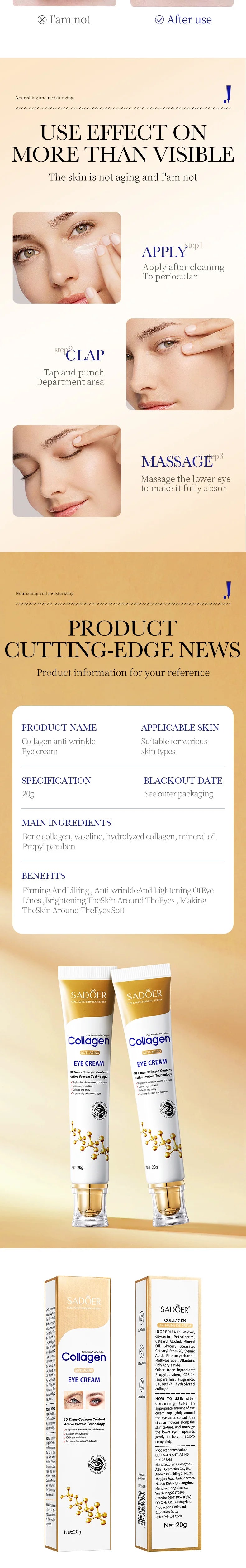 SADOER Collagen Eye Cream – Anti Dark Circle, Firming & Anti-Aging Eye Treatment (20g)