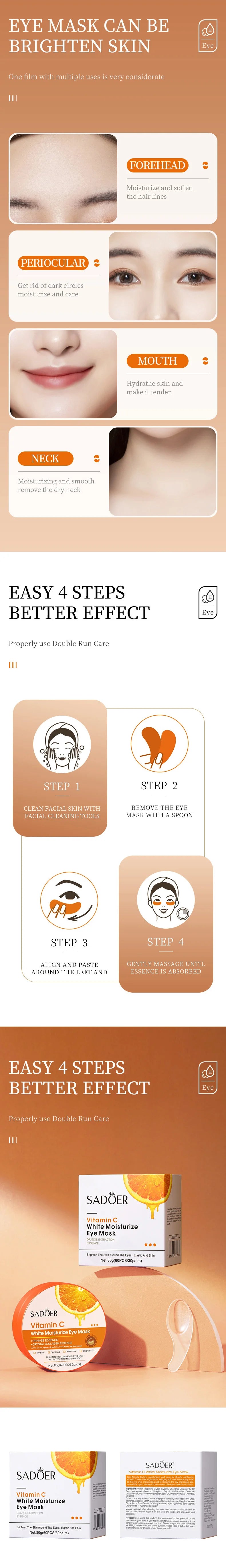 SADOER Vitamin C & Collagen Eye Masks — 60 Pcs Brightening, Anti Dark Circles & Firming Eye Patches