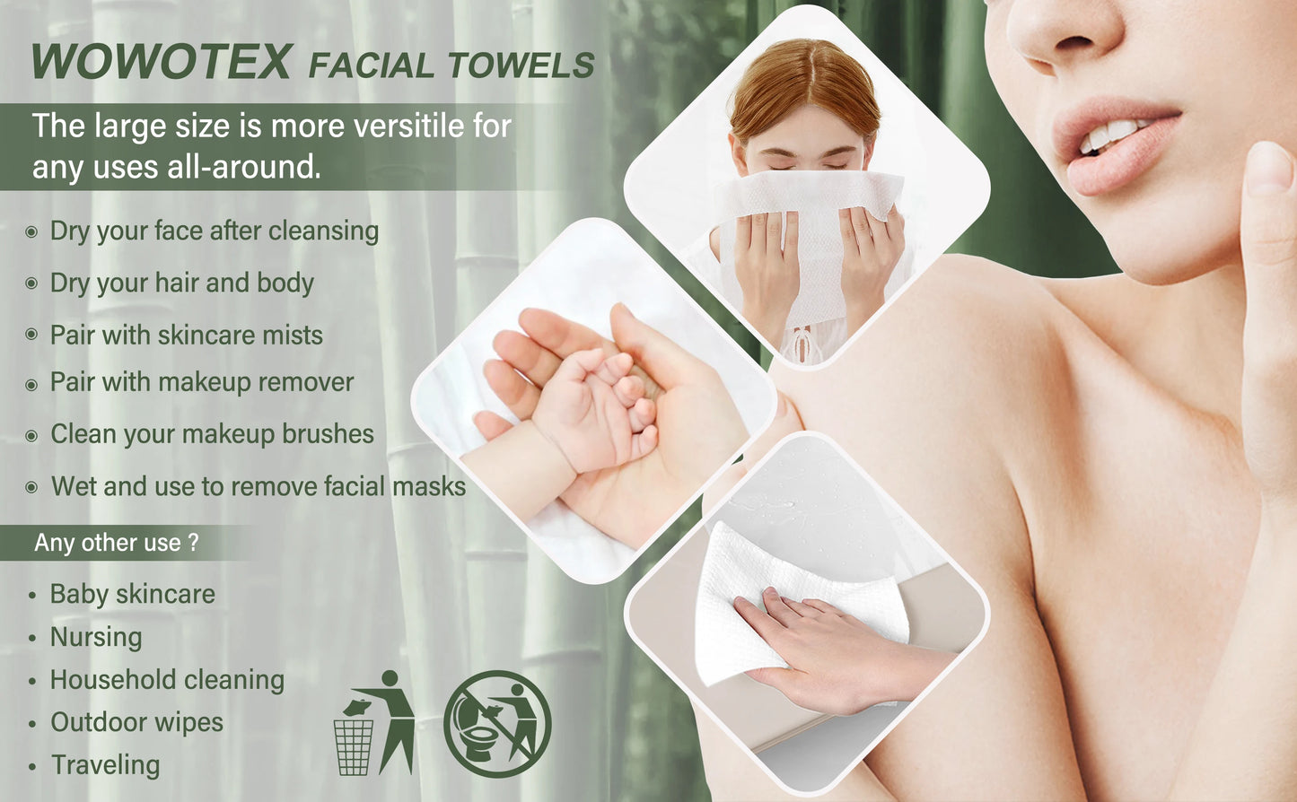 100% Bamboo Fiber Disposable Face Towels – Biodegradable Thick Dry Wipes for Sensitive Skin, 60 Count (12x10 in)