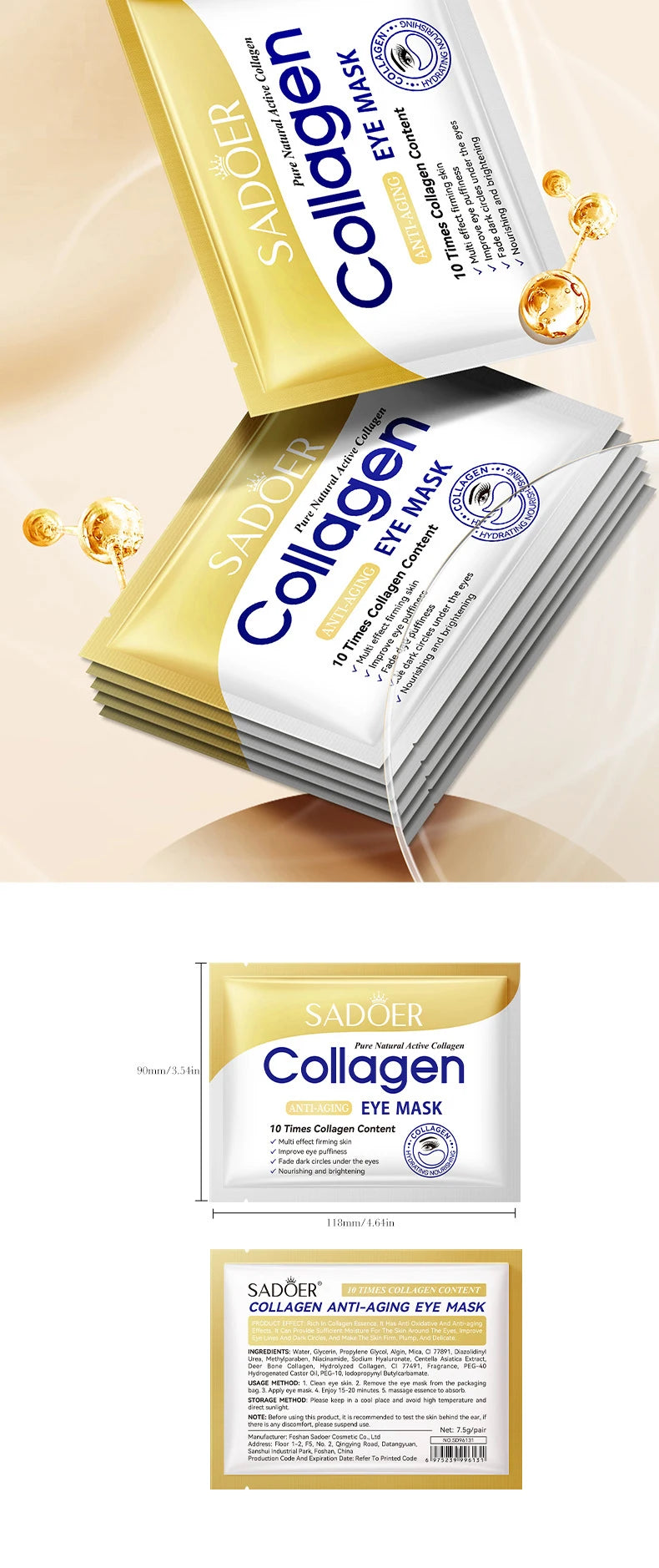 SADOER Crystal Collagen Eye Masks — 10 Pairs Anti Dark Circles, Puffiness & Moisturizing Eye Patches