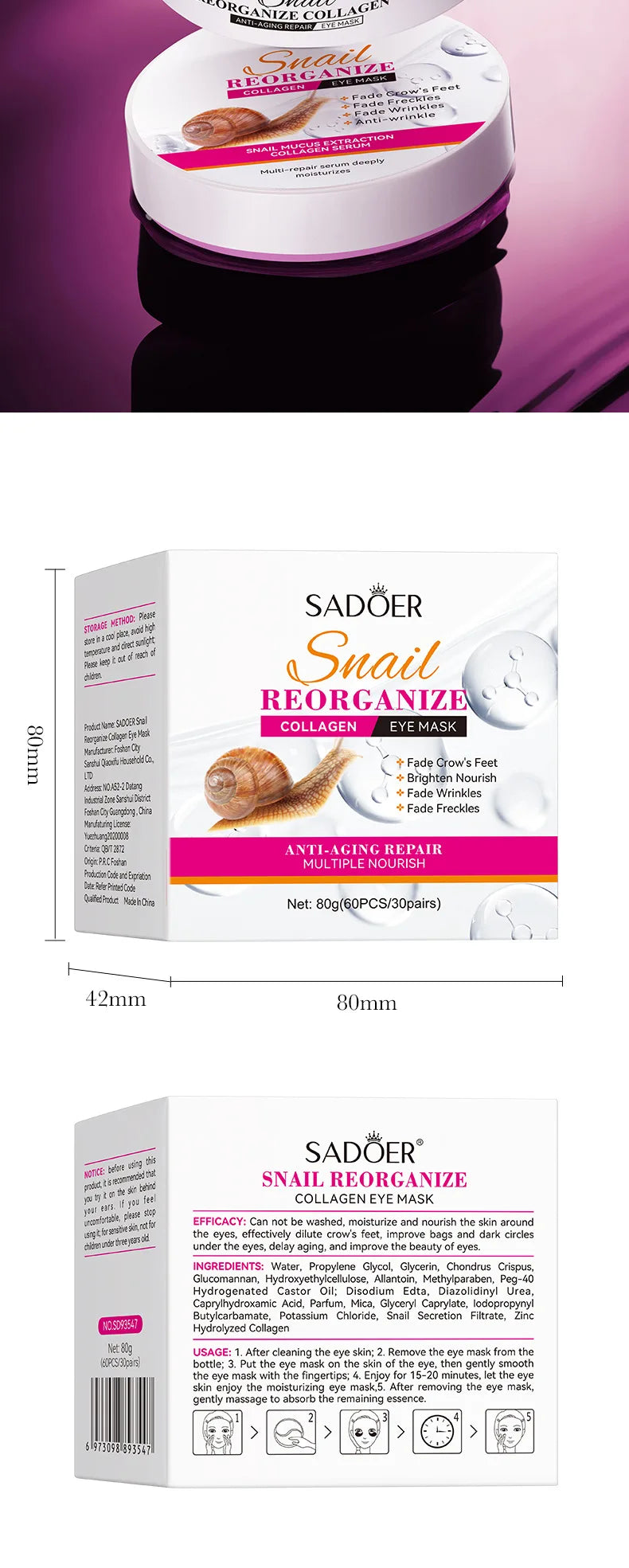 SADOER Snail Collagen Eye Mask Patches – Anti Dark Circle, Depuffing & Firming Eye Treatment (60 Pairs)