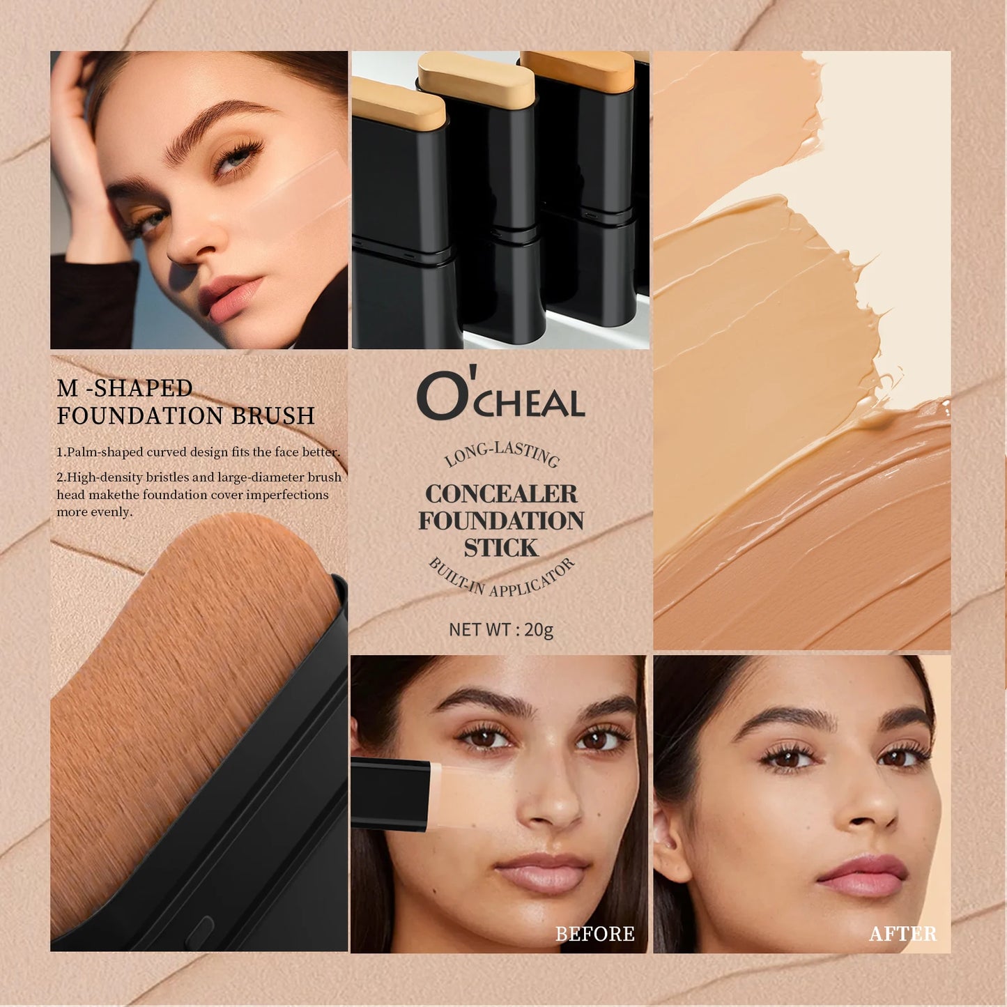 O'CHEAL 2-in-1 Concealer & Foundation Contour Stick – Matte, Waterproof & Buildable Coverage (15g)
