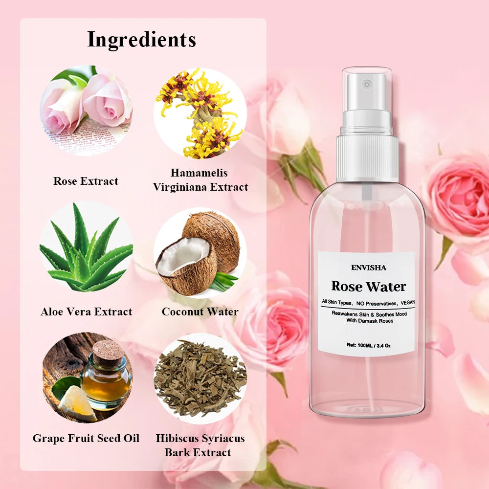ENVISHA Rose Water Facial Toner – Organic Rose Petal Essence with Aloe Vera & Witch Hazel for Hydrating, Pore-Minimizing & Brightening (100ml)