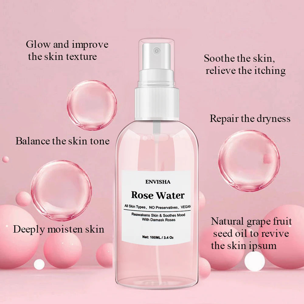 ENVISHA Rose Water Facial Toner – Organic Rose Petal Essence with Aloe Vera & Witch Hazel for Hydrating, Pore-Minimizing & Brightening (100ml)