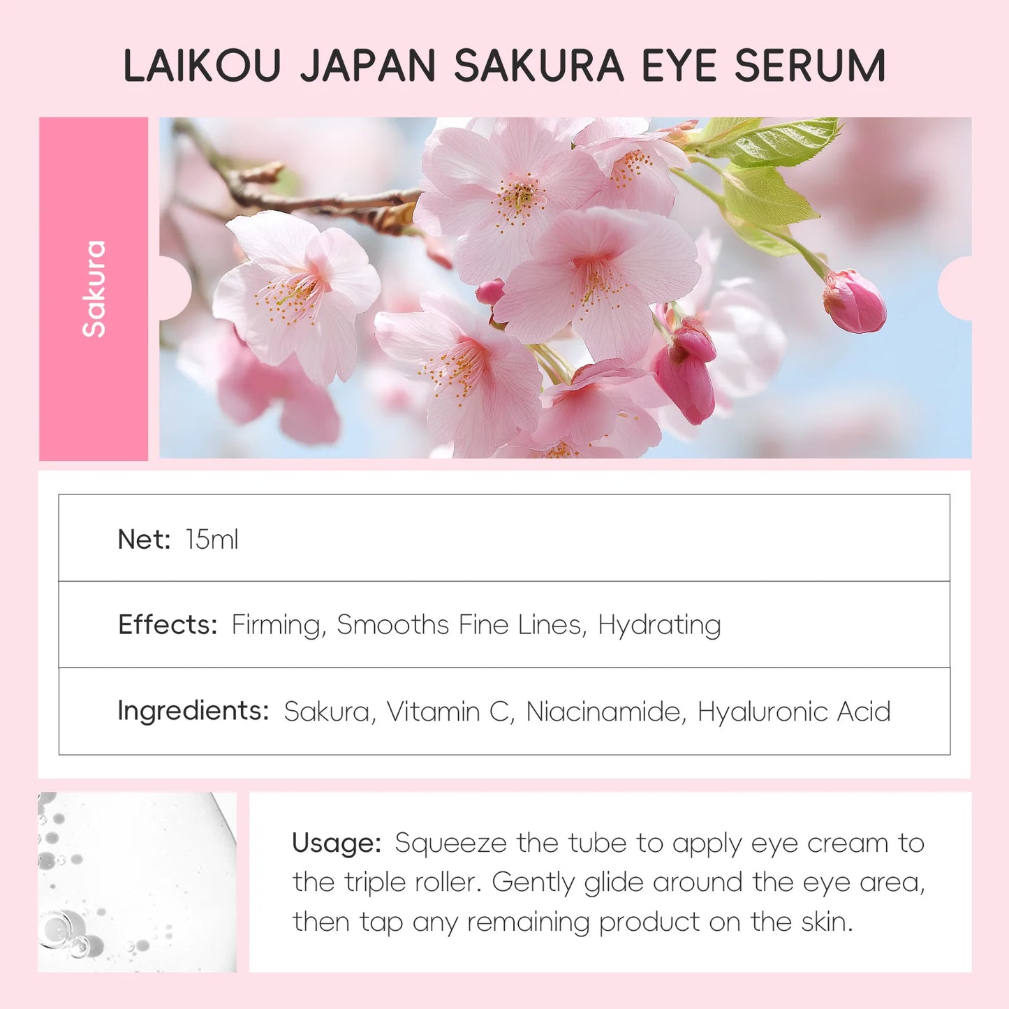 LAIKOU Sakura Roller Eye Serum – Hyaluronic Acid & Niacinamide Dark Circle & Eye Bag Treatment (15ml)
