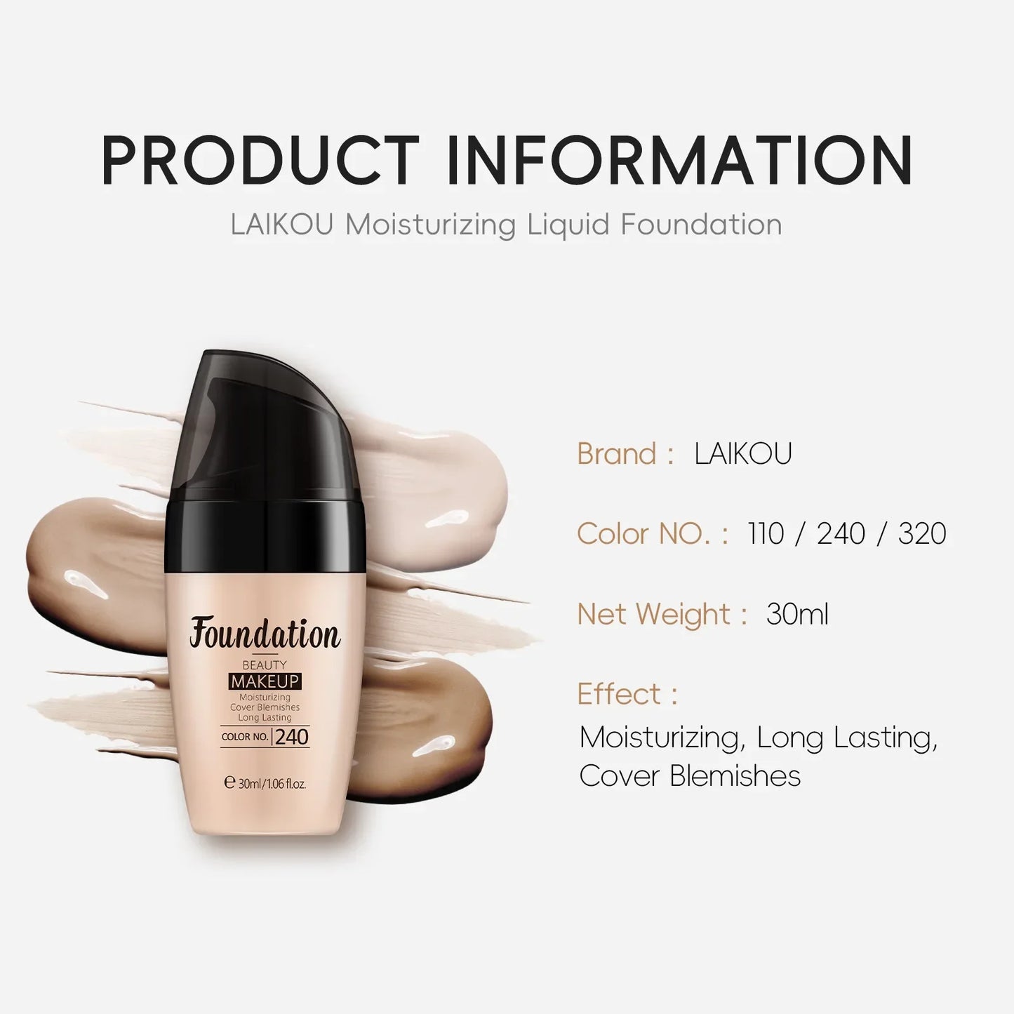 LAIKOU Liquid Foundation – Waterproof, Full Coverage & Long-Lasting Matte Base with Rose Oil (30ml)