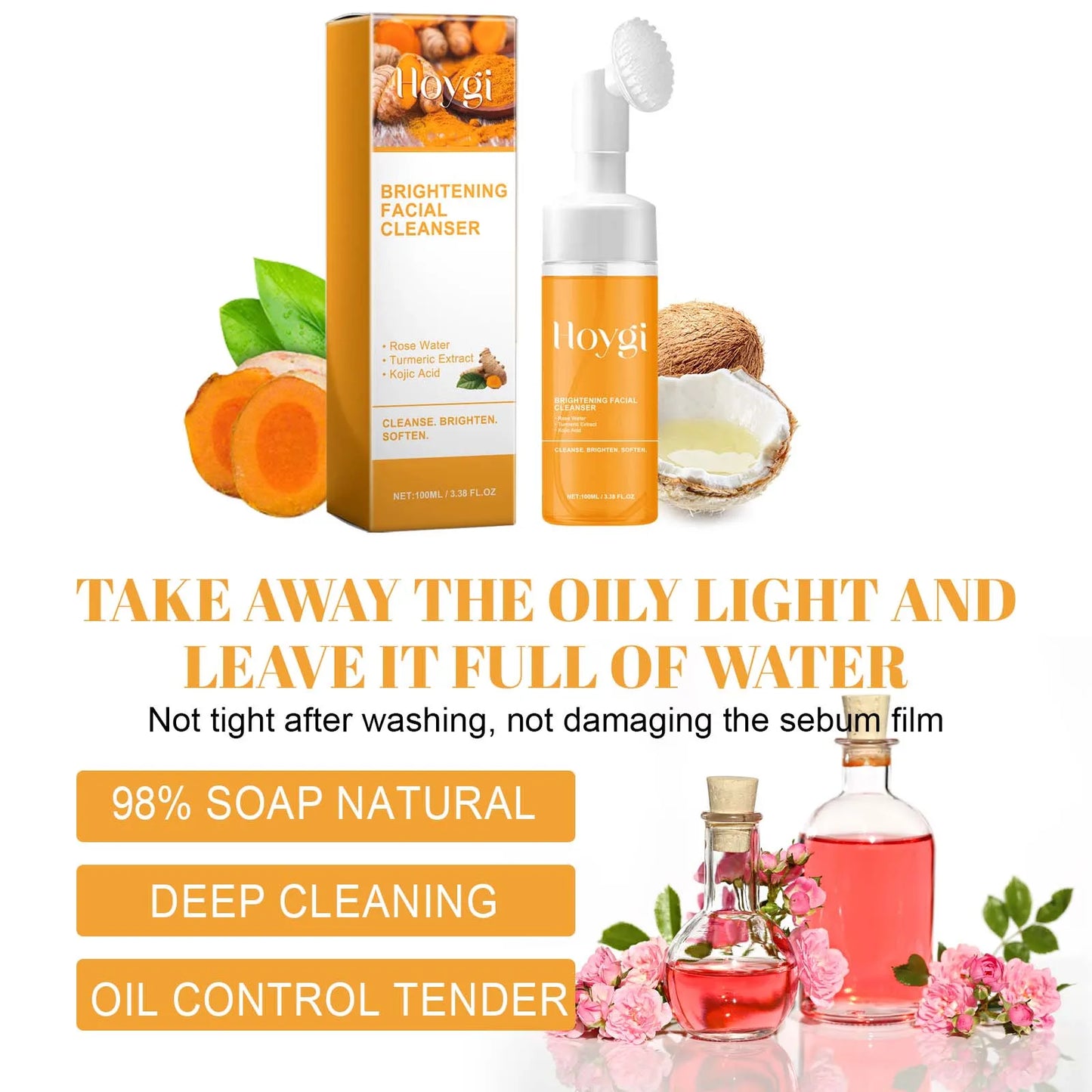 Turmeric & Kojic Acid Foaming Facial Cleanser – Blackhead Remover, Oil Control & Brightening (100ml)