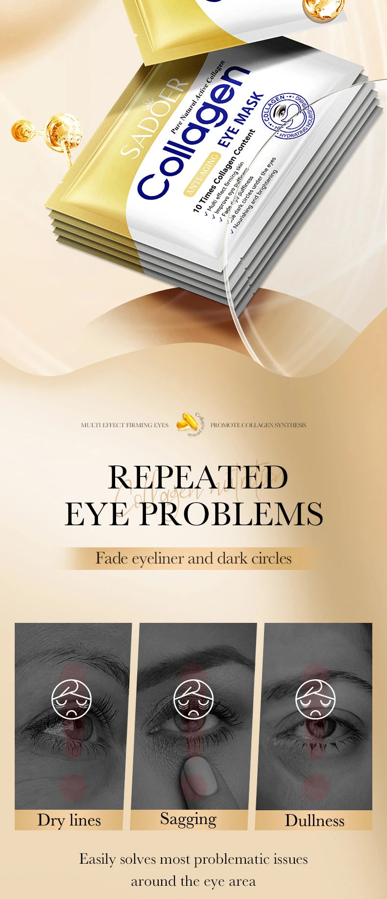 SADOER Crystal Collagen Eye Masks — 10 Pairs Anti Dark Circles, Puffiness & Moisturizing Eye Patches