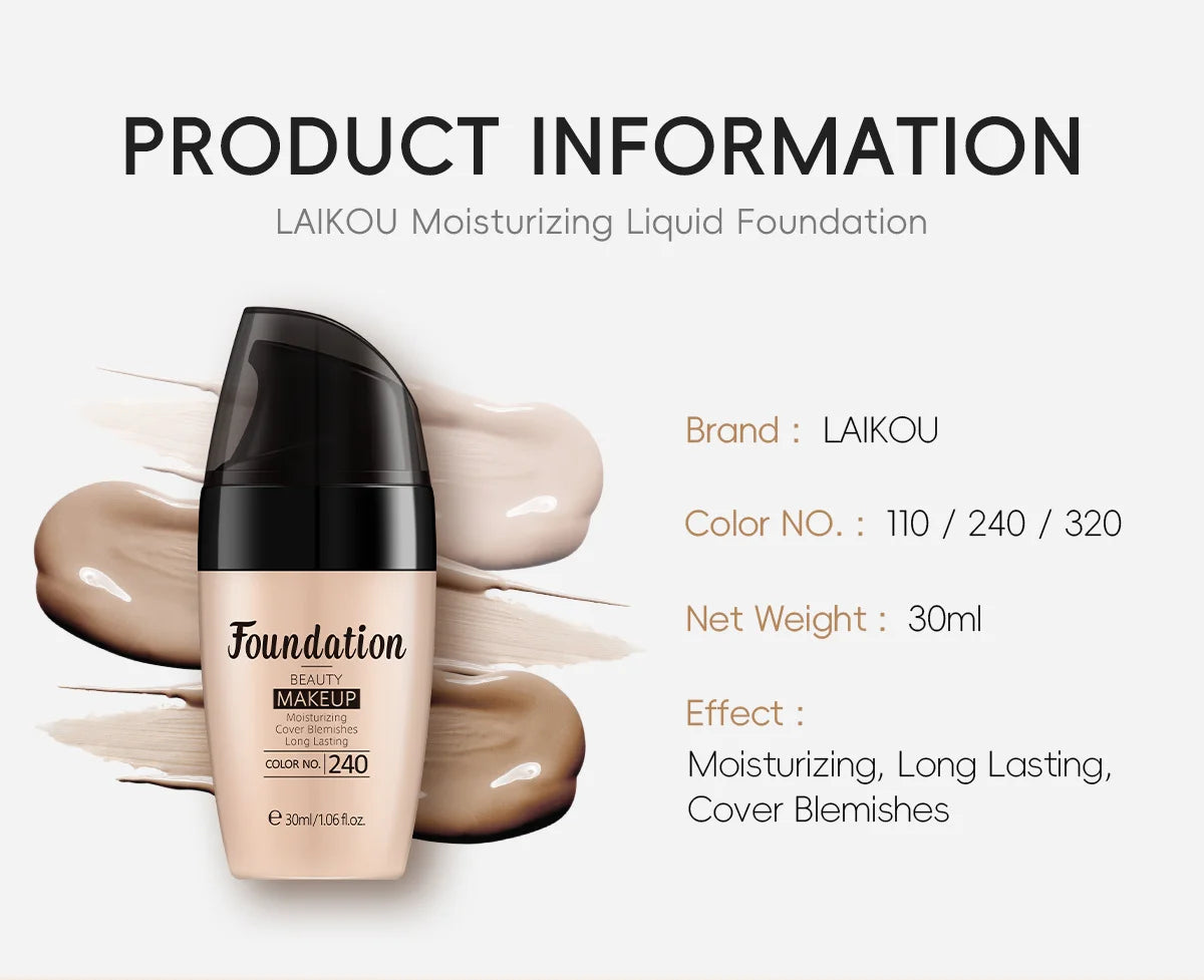 LAIKOU Liquid Foundation – Waterproof, Full Coverage & Long-Lasting Matte Base with Rose Oil (30ml)
