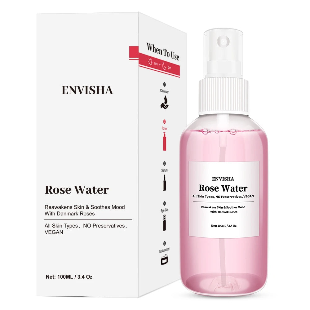 ENVISHA Rose Water Facial Toner – Organic Rose Petal Essence with Aloe Vera & Witch Hazel for Hydrating, Pore-Minimizing & Brightening (100ml)
