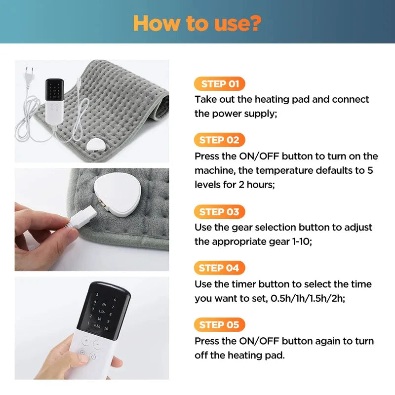 Electric Heating Pad for Back, Hands & Legs – 10 Heat Levels, 4 Timer Settings, Machine Washable