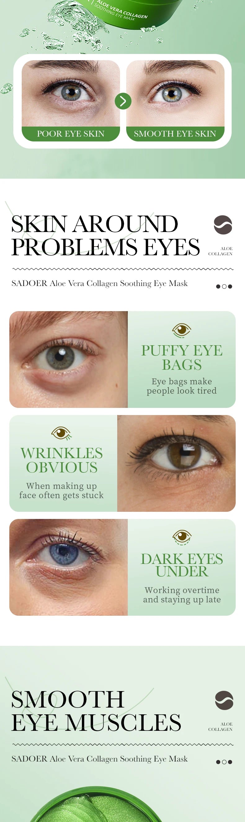 SADOER Aloe Vera & Collagen Under-Eye Masks – Anti-Wrinkle & Dark Circle Patches, 60 Pieces
