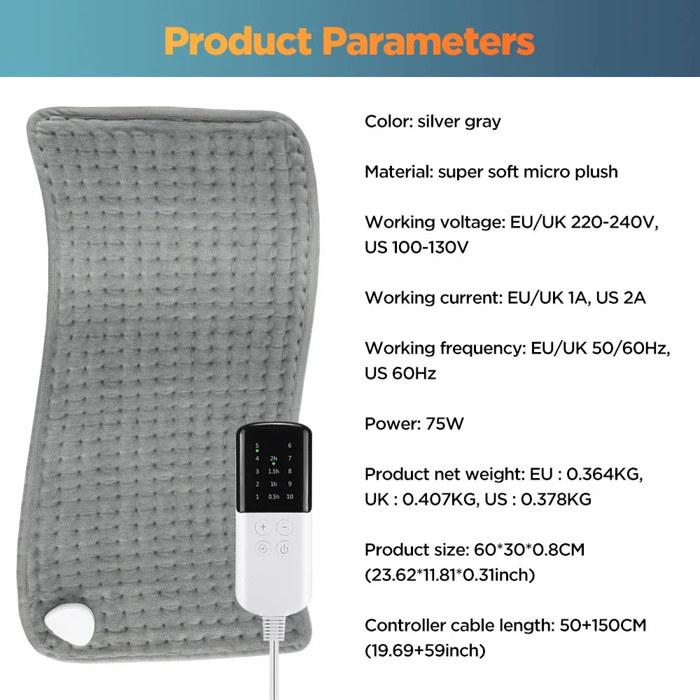 Electric Heating Pad for Back, Hands & Legs – 10 Heat Levels, 4 Timer Settings, Machine Washable