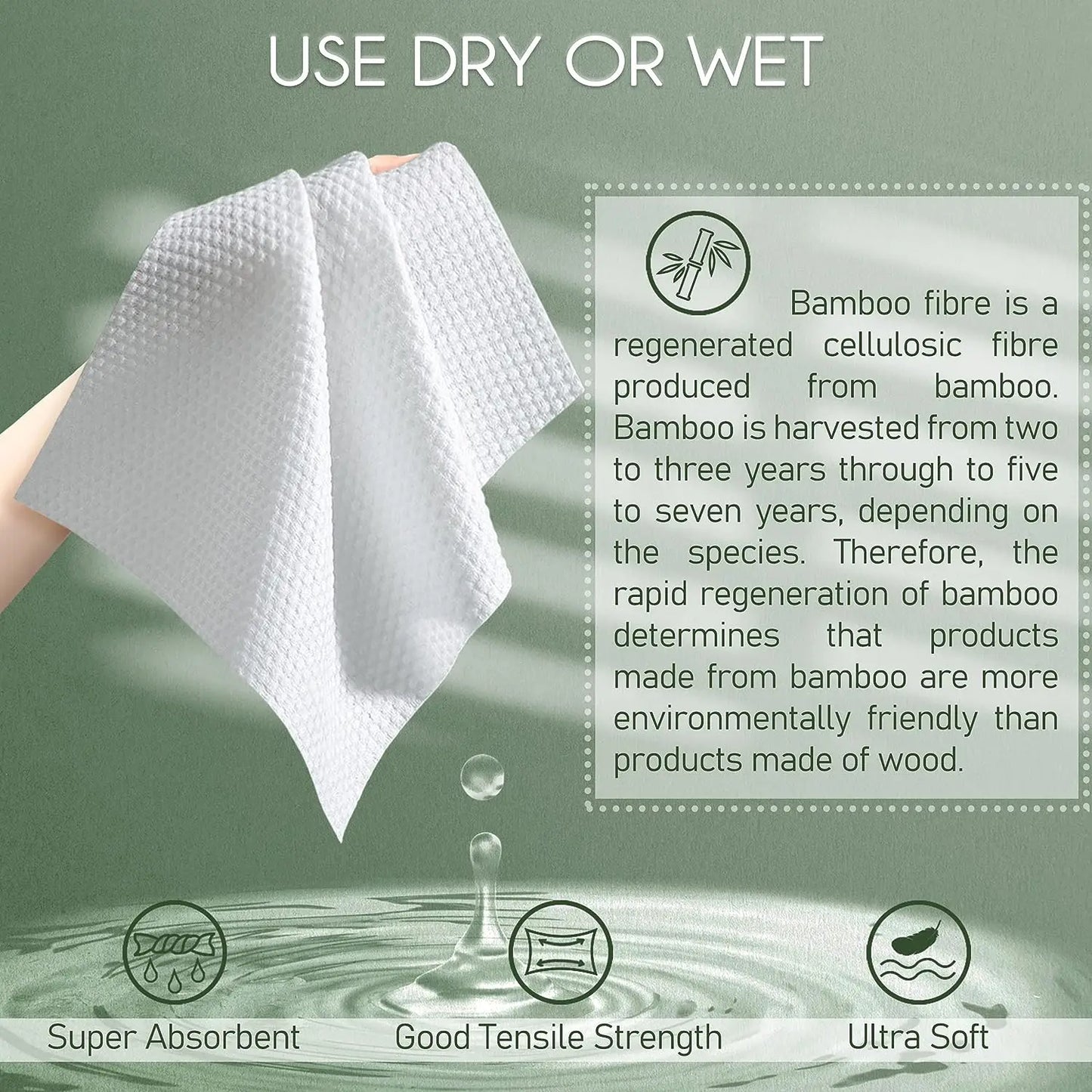 100% Bamboo Fiber Disposable Face Towels – Biodegradable Thick Dry Wipes for Sensitive Skin, 60 Count (12x10 in)