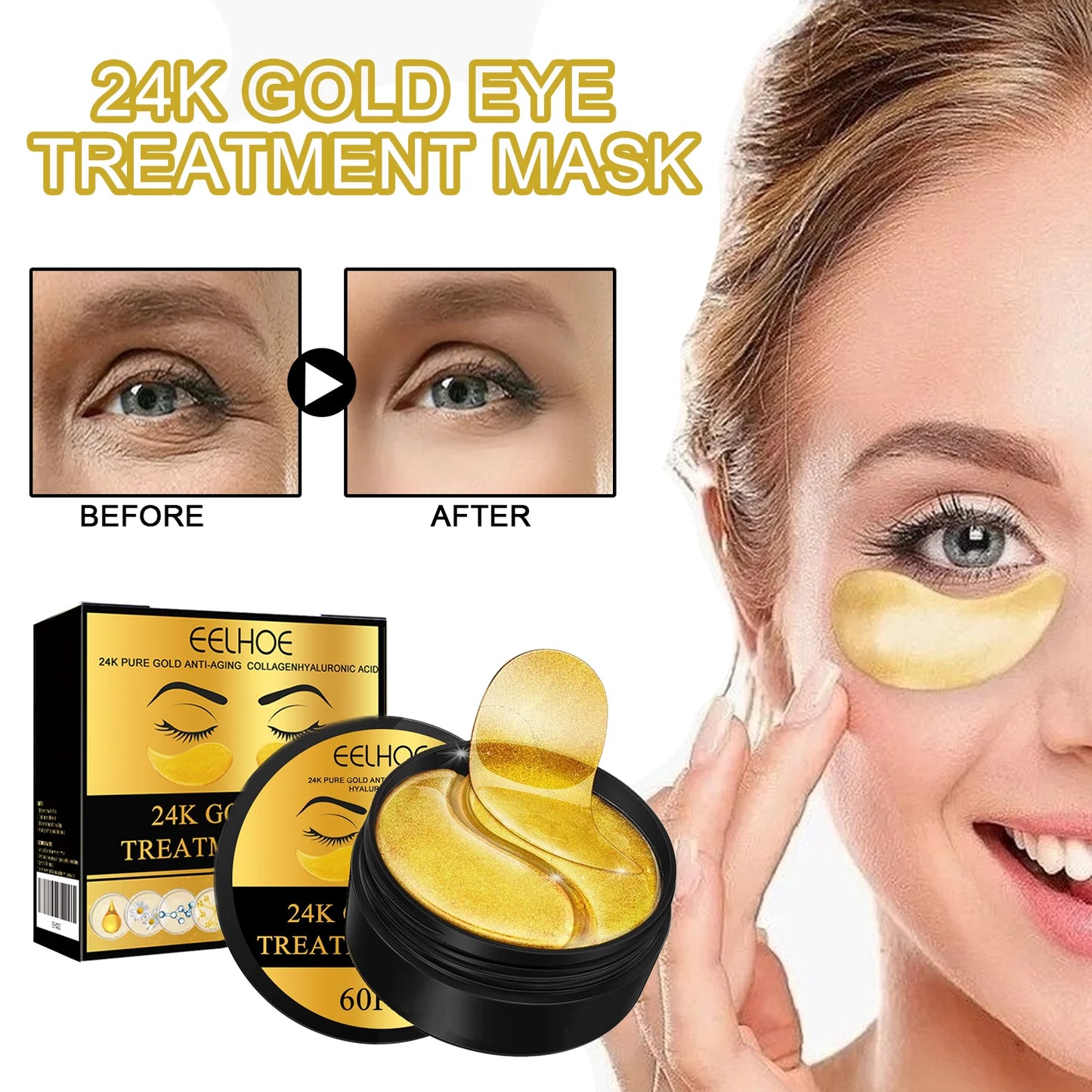 EELHOE 24K Gold Under Eye Patches – Anti-Aging Collagen & Hyaluronic Acid Eye Mask for Dark Circles & Puffiness (60 Pairs)