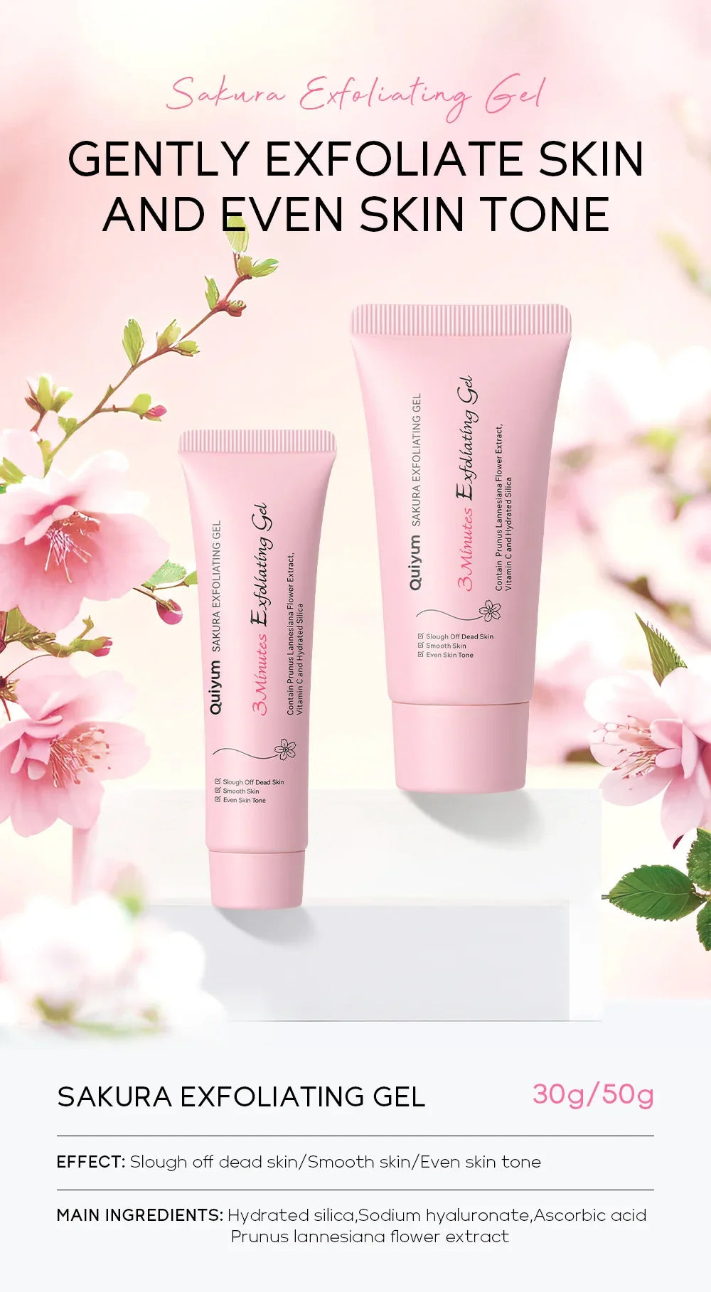 LAIKOU Sakura Exfoliating Peeling Gel – Moisturizing Facial Scrub with Vitamin C & Hyaluronic Acid (30g / 50g)