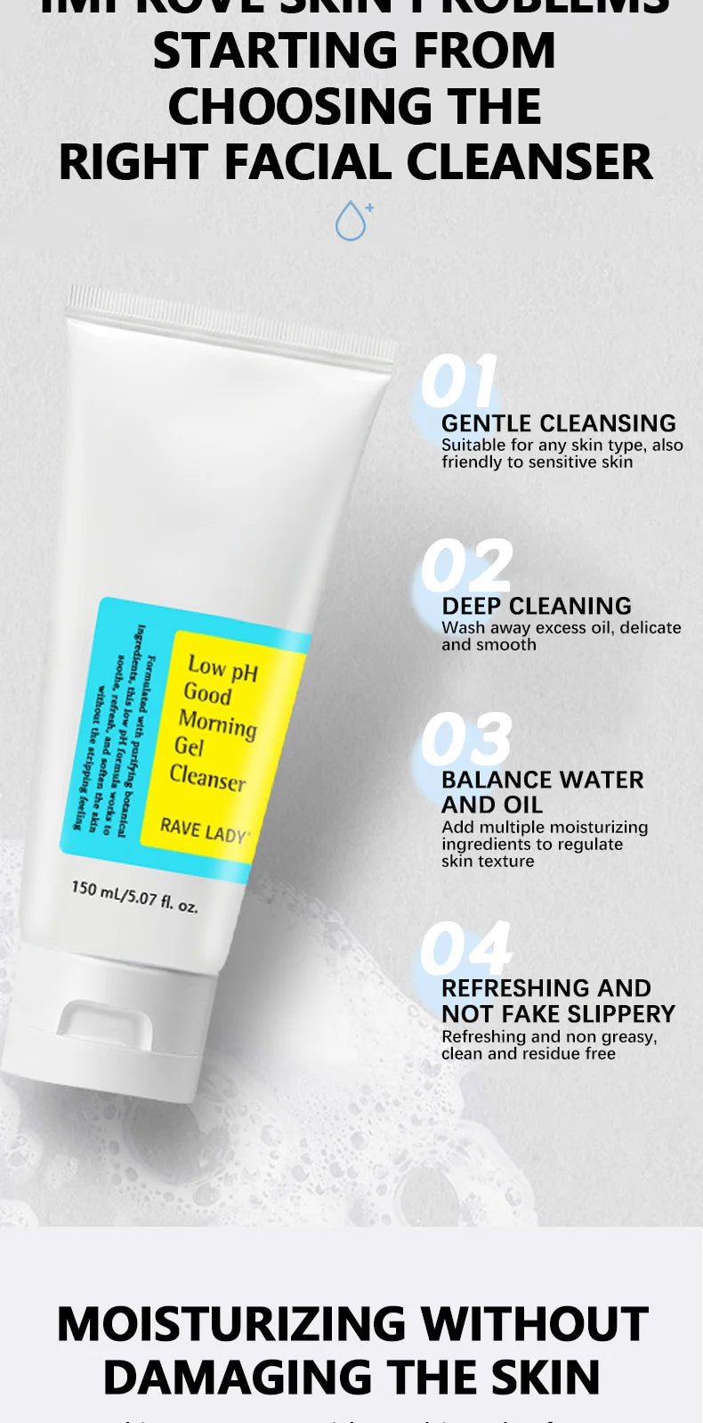 RAVE LADY Low pH Amino Acid Facial Cleanser – Oil Control, Exfoliating & Moisturizing Face Wash (150ml)