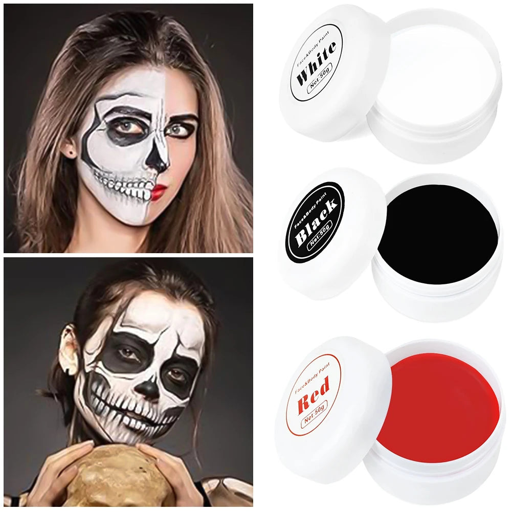 LAIKOU Face & Body Paint – Non-Toxic Halloween, Cosplay & Stage Makeup in White, Black & Red (3g / 10g / 50g)