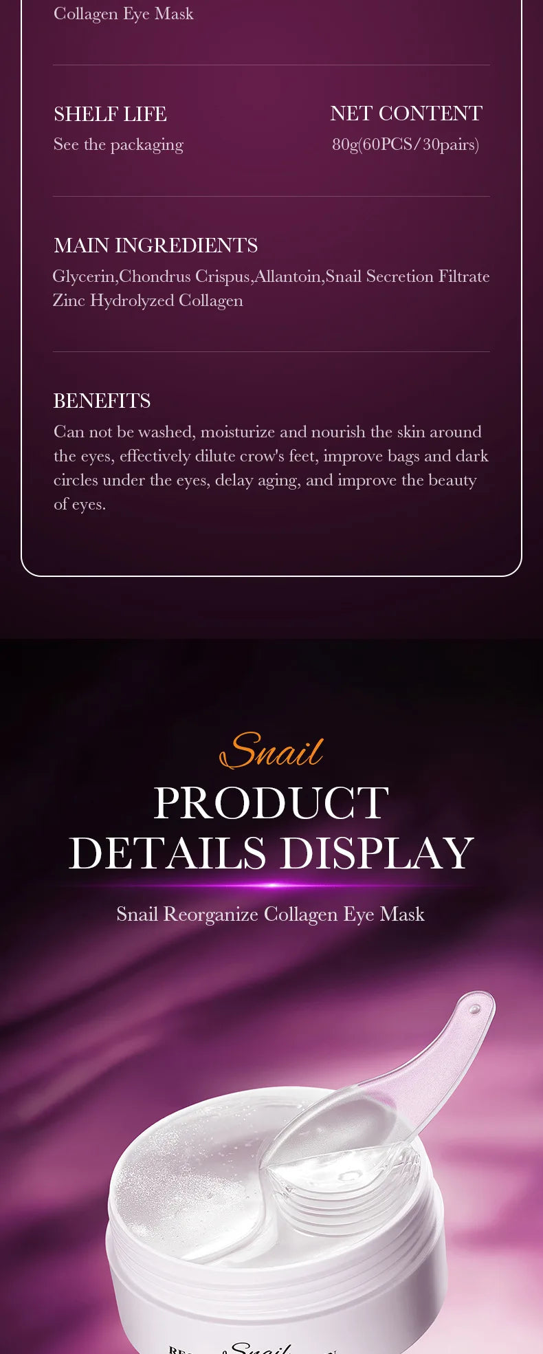 SADOER Snail Collagen Eye Mask Patches – Anti Dark Circle, Depuffing & Firming Eye Treatment (60 Pairs)