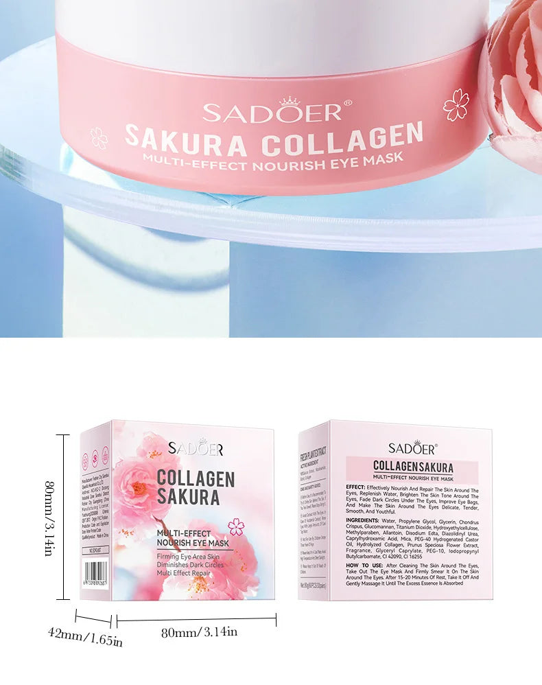 SADOER Sakura Collagen Eye Masks — 60 Pcs Anti Dark Circles & Puffiness Eye Patches