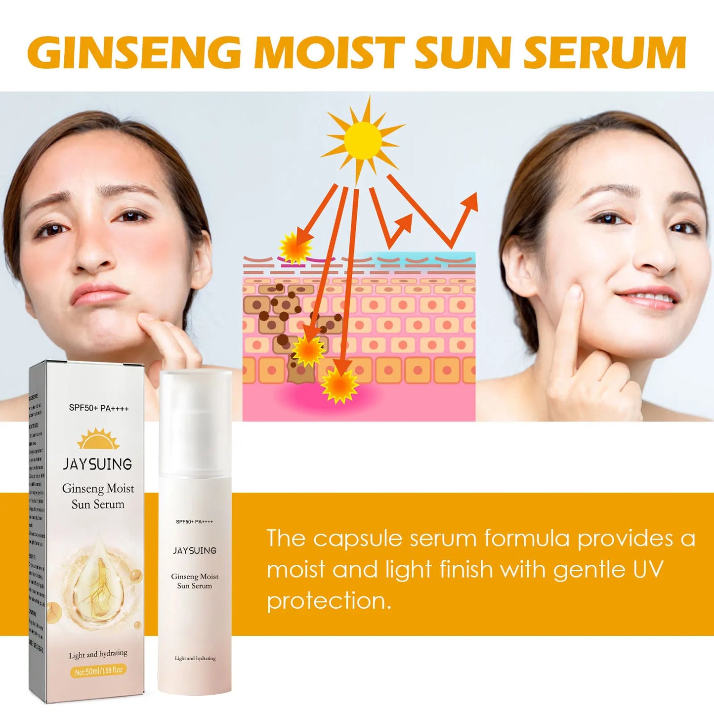 Jaysuing SPF 50 Sunscreen Serum – Whitening, Moisturizing & UV Protection Lotion for Face