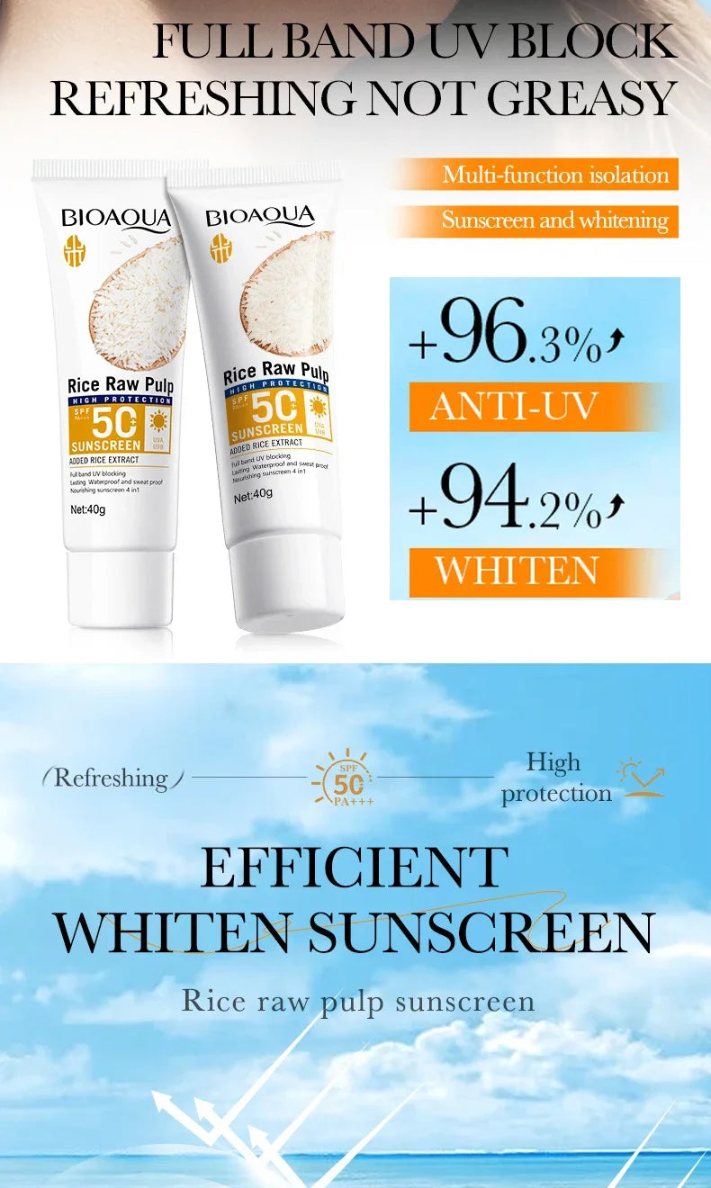BioAqua Rice Pulp Sunscreen SPF50+ – Brightening Face, Body, Neck & Back Sun Cream