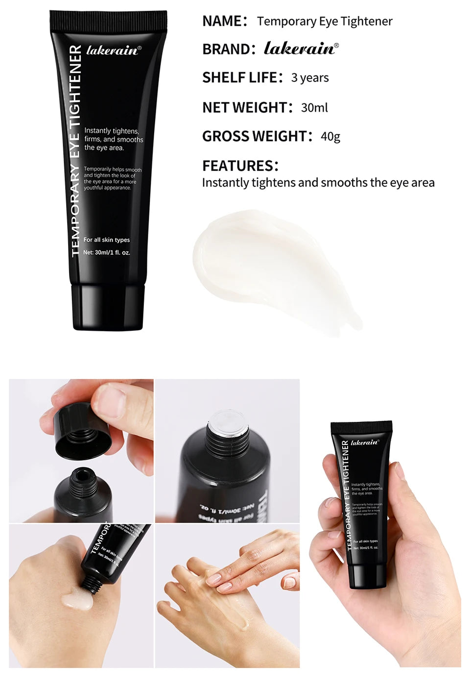 Lakerain Instant Eye Tightener Cream – Anti-Aging, Firming & Wrinkle Smoother, 30ml