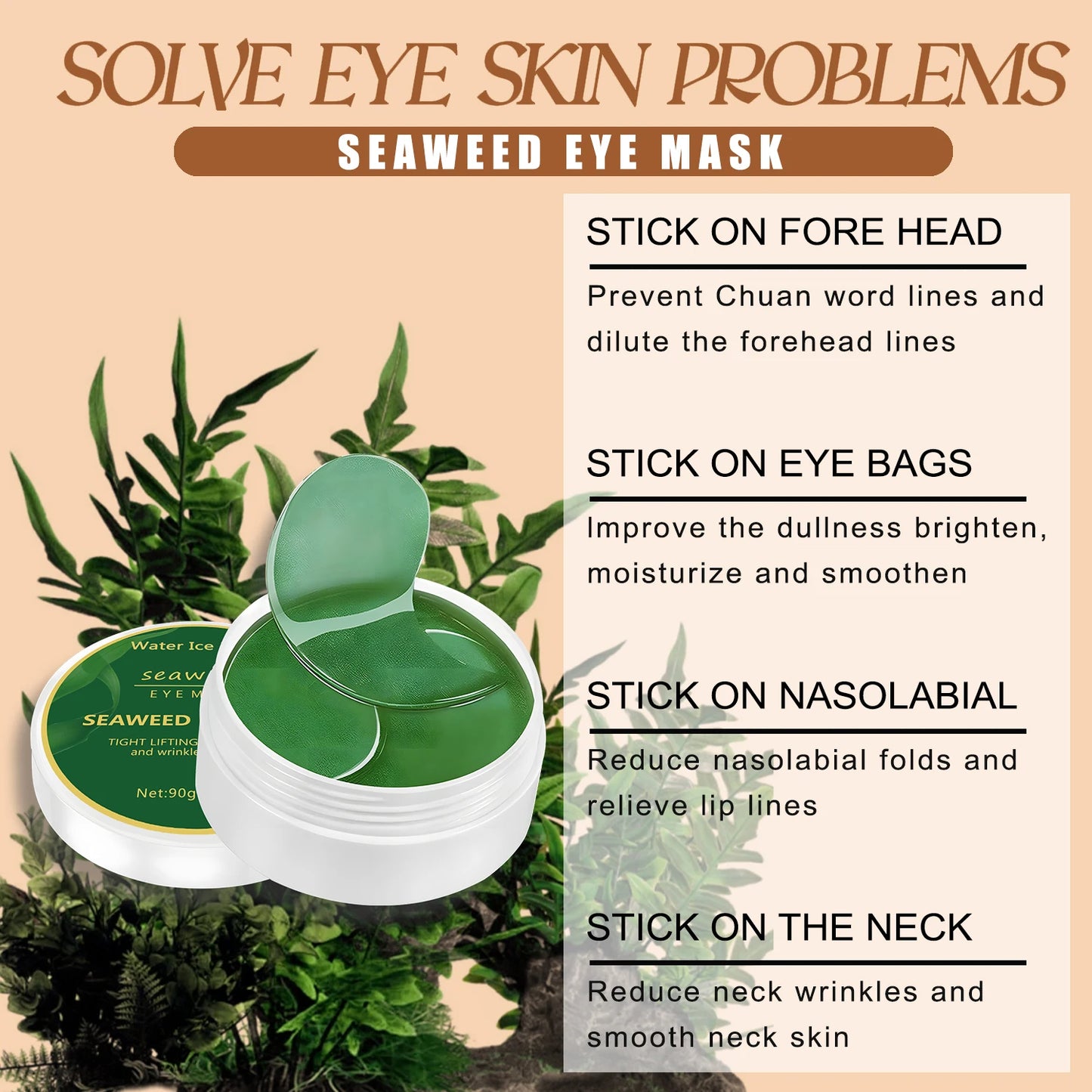 Seaweed Hyaluronic Acid Eye Masks — 60 Pcs Collagen Eye Patch for Dark Circles & Firming