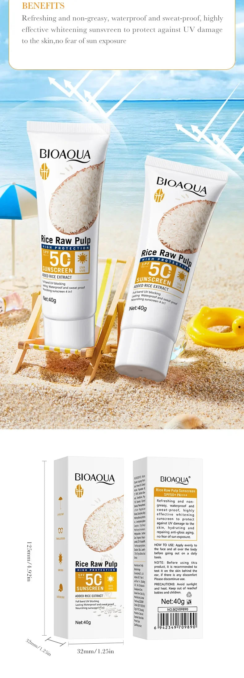 BioAqua Rice Pulp Sunscreen SPF50+ – Brightening Face, Body, Neck & Back Sun Cream