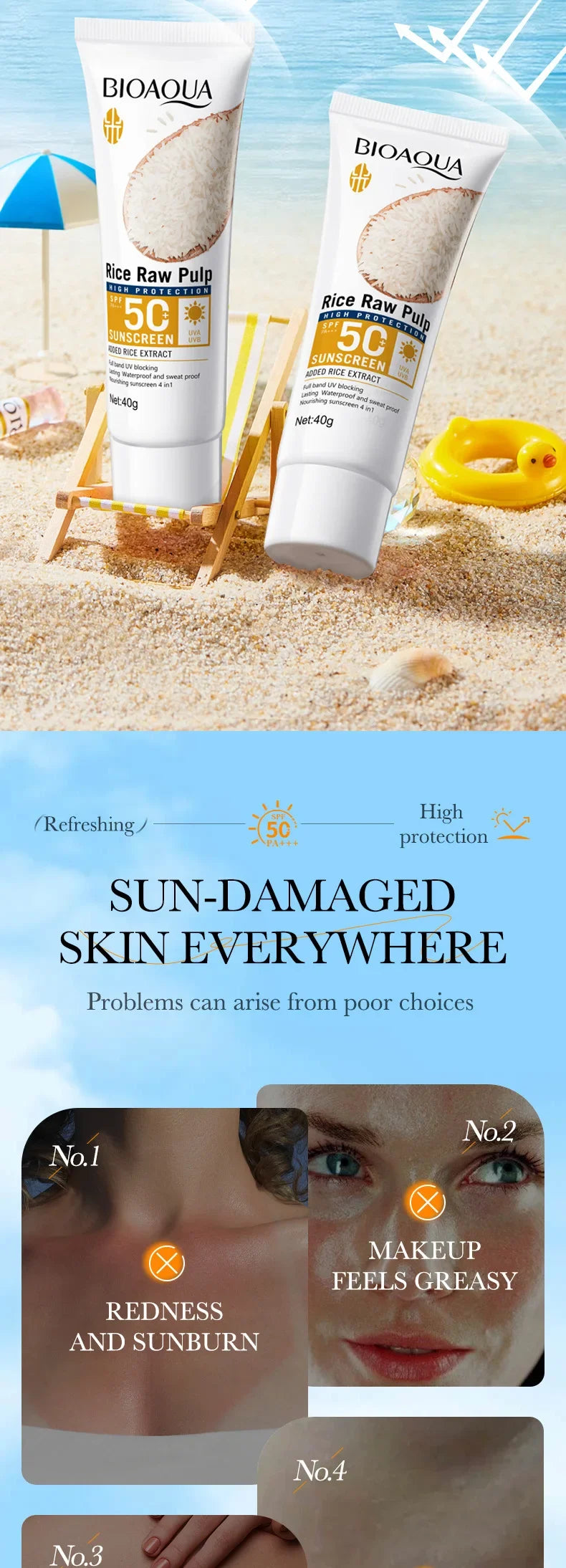 BioAqua Rice Pulp Sunscreen SPF50+ – Brightening Face, Body, Neck & Back Sun Cream