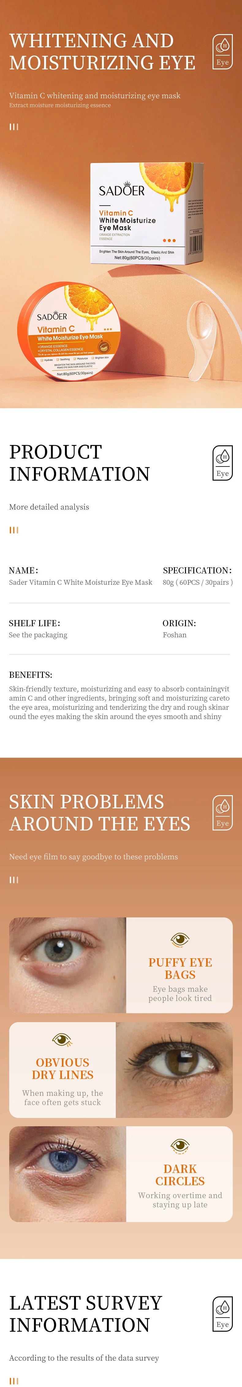 SADOER Vitamin C & Collagen Eye Masks — 60 Pcs Brightening, Anti Dark Circles & Firming Eye Patches