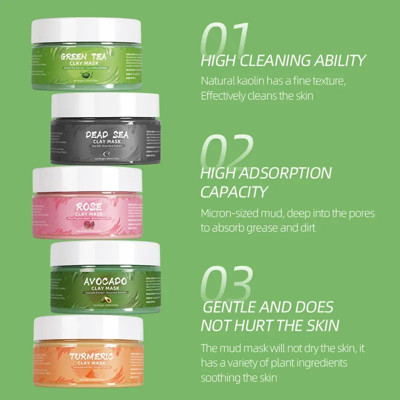 LAIKOU Clay Mud Face Mask – Moisturizing, Blackhead Removal & Brightening Washable Mask for Women (100ml) – Green Tea, Turmeric, Rose, Avocado & Sea Silt