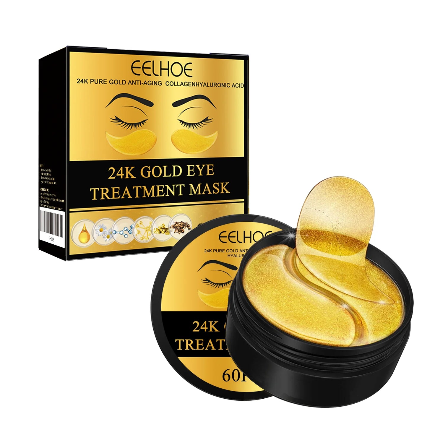 EELHOE 24K Gold Under Eye Patches – Anti-Aging Collagen & Hyaluronic Acid Eye Mask for Dark Circles & Puffiness (60 Pairs)