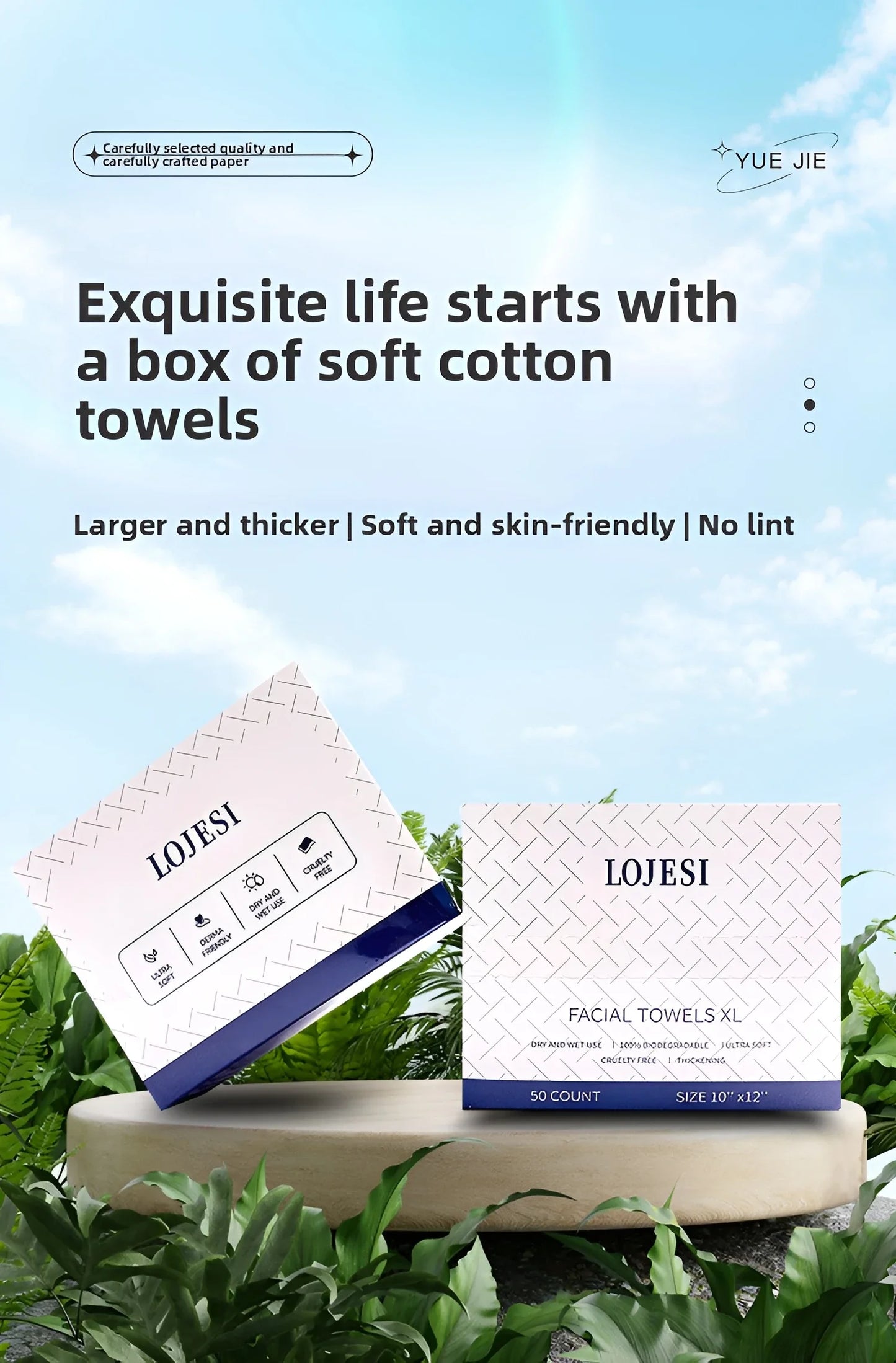 XL Plant Fiber Disposable Face Towels – Soft & Thick Dry Wipes for Makeup Removal & Face Washing, 50 Count (10x12 in / 25x30cm)