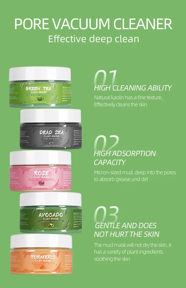LAIKOU Clay Mud Face Mask – Moisturizing, Blackhead Removal & Brightening Washable Mask for Women (100ml) – Green Tea, Turmeric, Rose, Avocado & Sea Silt