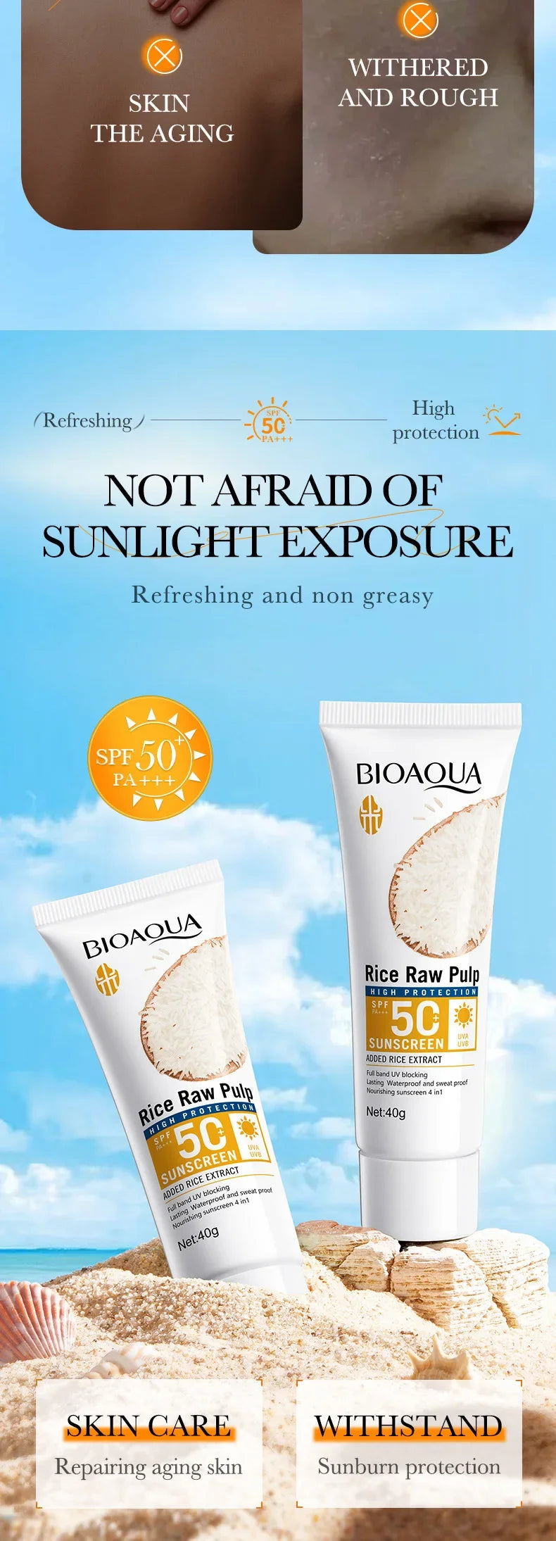 BioAqua Rice Pulp Sunscreen SPF50+ – Brightening Face, Body, Neck & Back Sun Cream