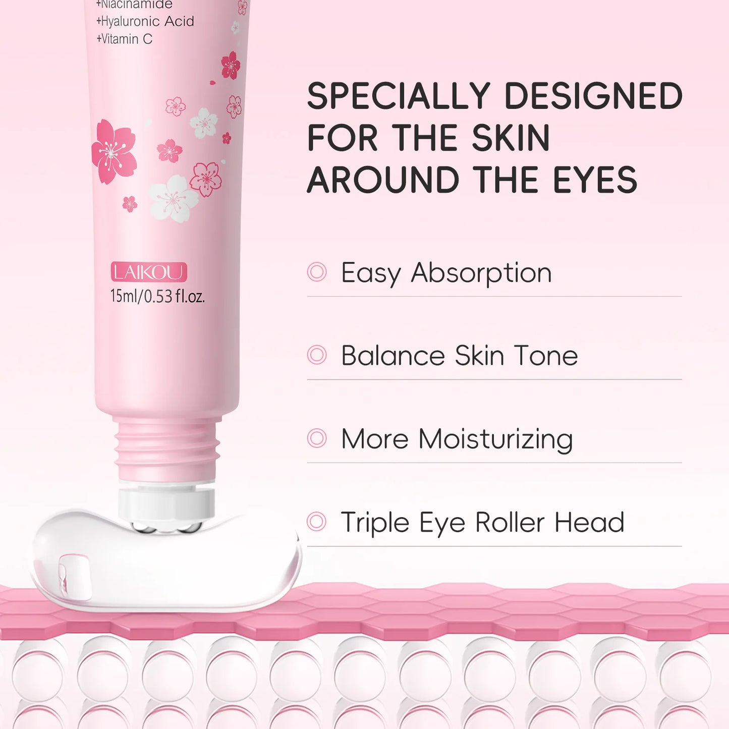 LAIKOU Sakura Roller Eye Serum – Hyaluronic Acid & Niacinamide Dark Circle & Eye Bag Treatment (15ml)