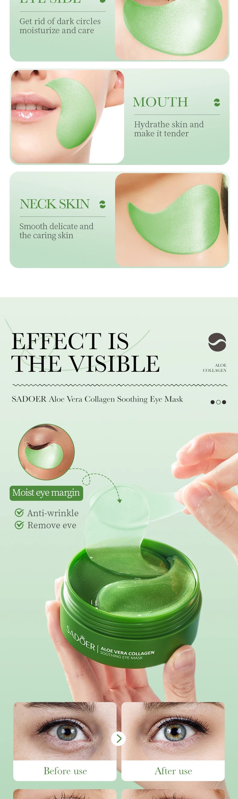 SADOER Aloe Vera & Collagen Under-Eye Masks – Anti-Wrinkle & Dark Circle Patches, 60 Pieces