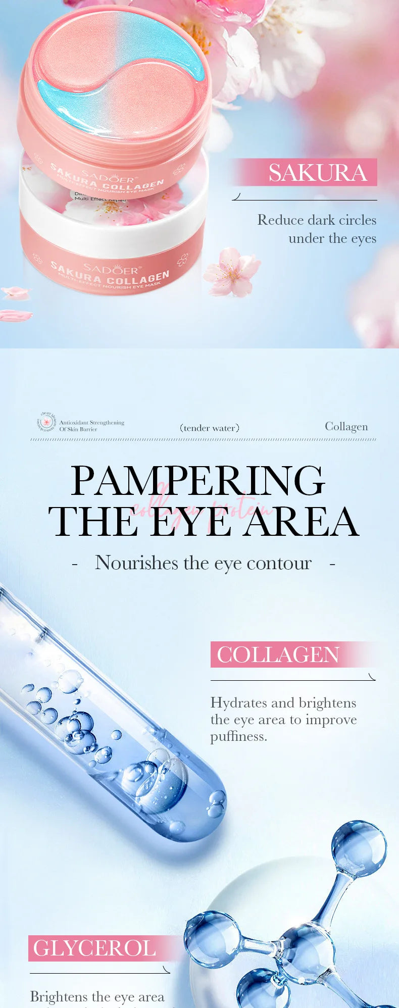 SADOER Sakura Collagen Eye Masks — 60 Pcs Anti Dark Circles & Puffiness Eye Patches