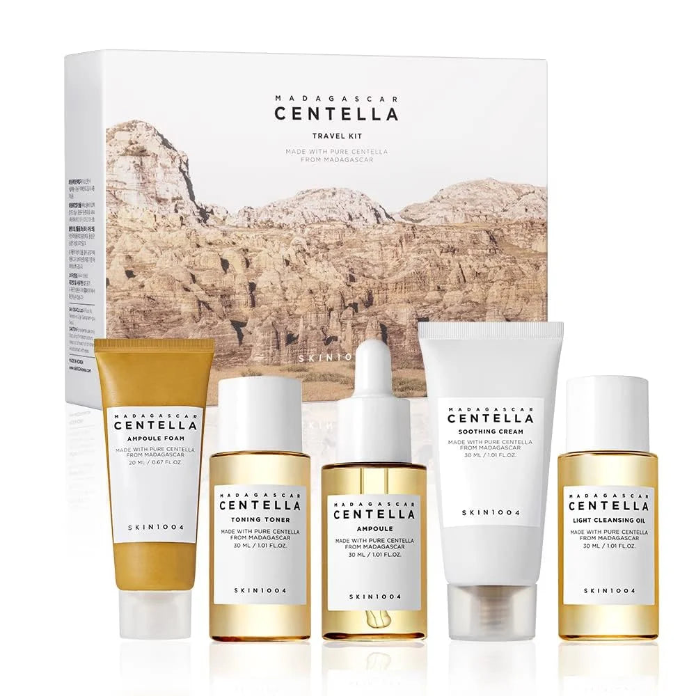 SKIN1004 Korean Centella Travel Kit – 5-Piece Mini Skincare Gift Set with Toner, Ampoule, Soothing Cream, Cleansing Oil & Foam