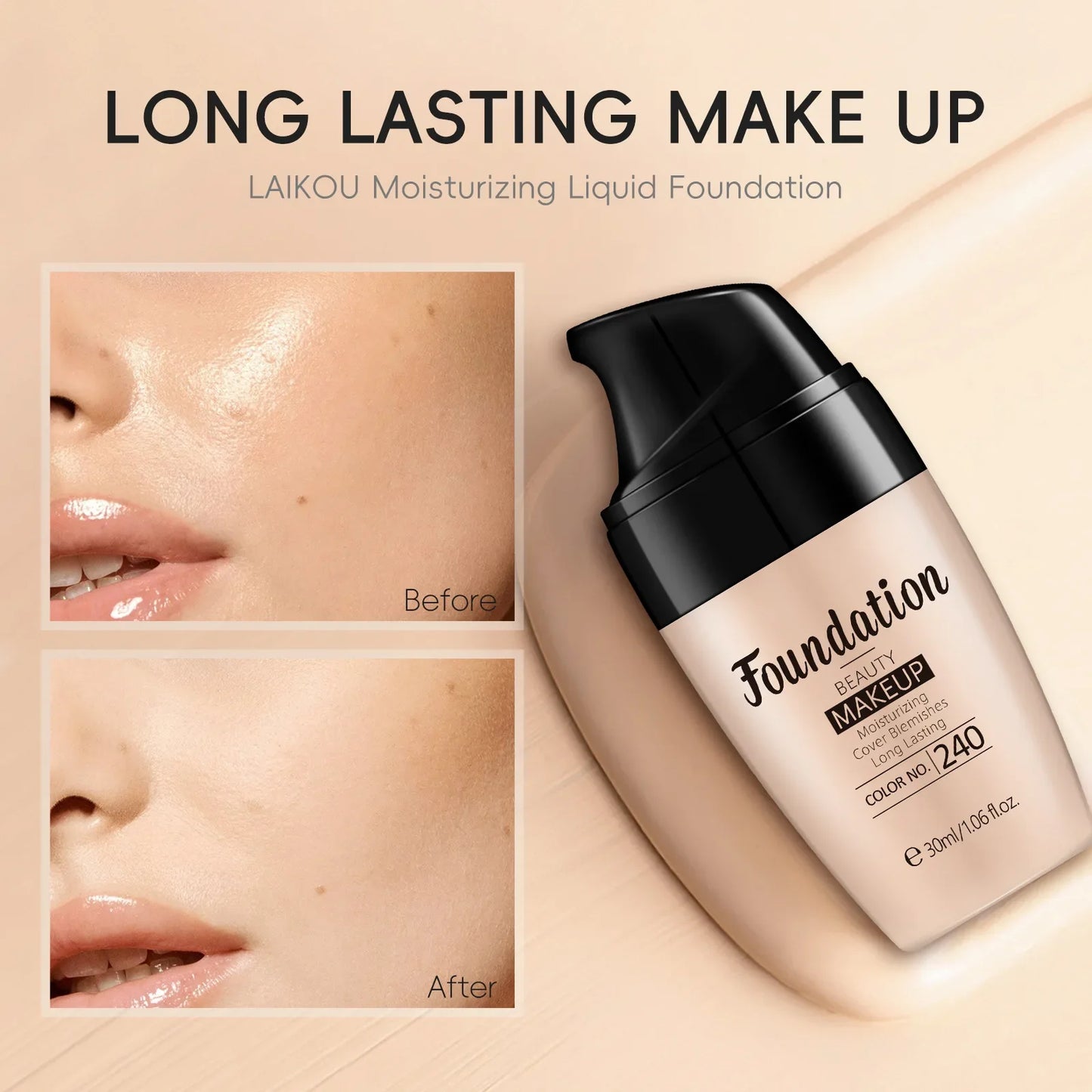 LAIKOU Liquid Foundation – Waterproof, Full Coverage & Long-Lasting Matte Base with Rose Oil (30ml)