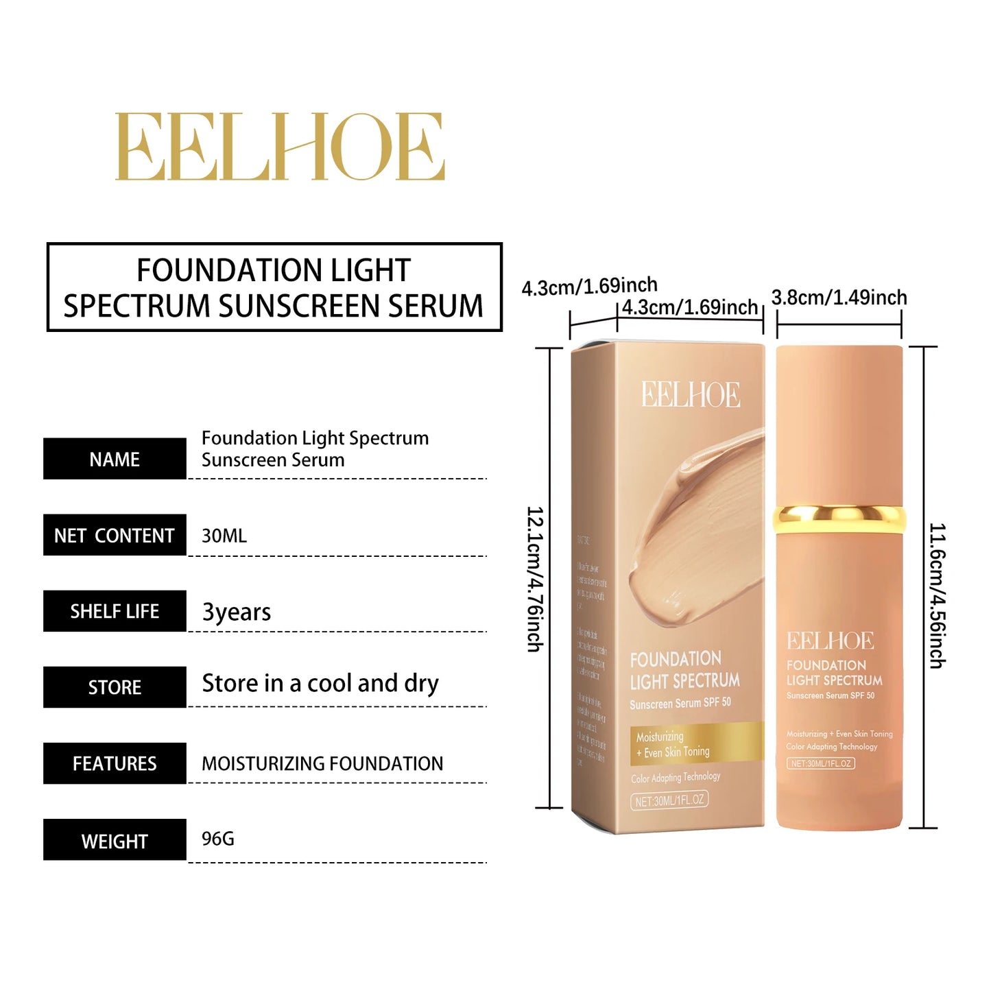 4-in-1 Color Changing Foundation SPF 50 – Waterproof, Full Coverage Concealer & Moisturizer 30ml