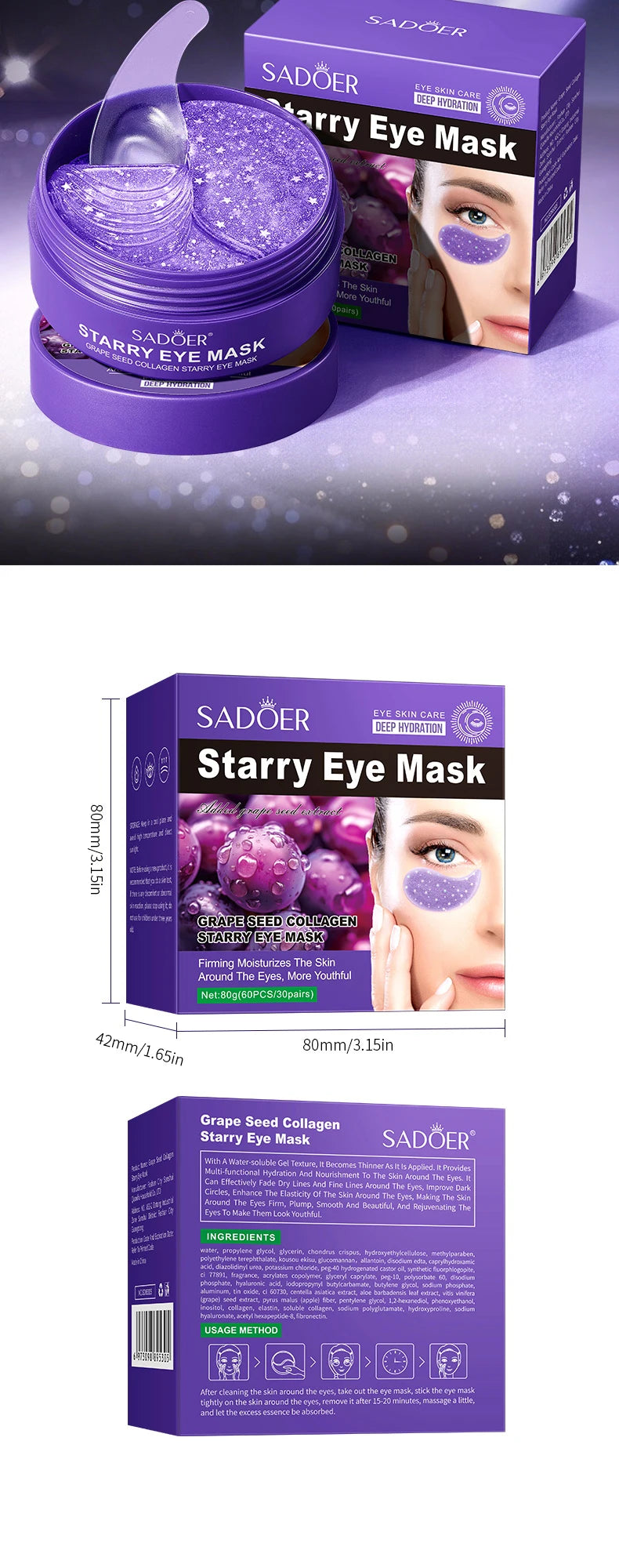 SADOER Grape Crystal Collagen Eye Masks — 60 Pcs Anti Dark Circles, Anti-Aging & Moisturizing Eye Patches