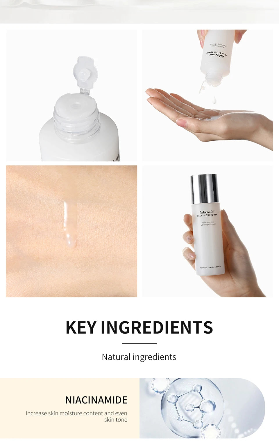 Lakerain Milk Glow Toner – Niacinamide Brightening & Deep Moisturizing Toner for Radiant, Hydrated Skin (100ml)