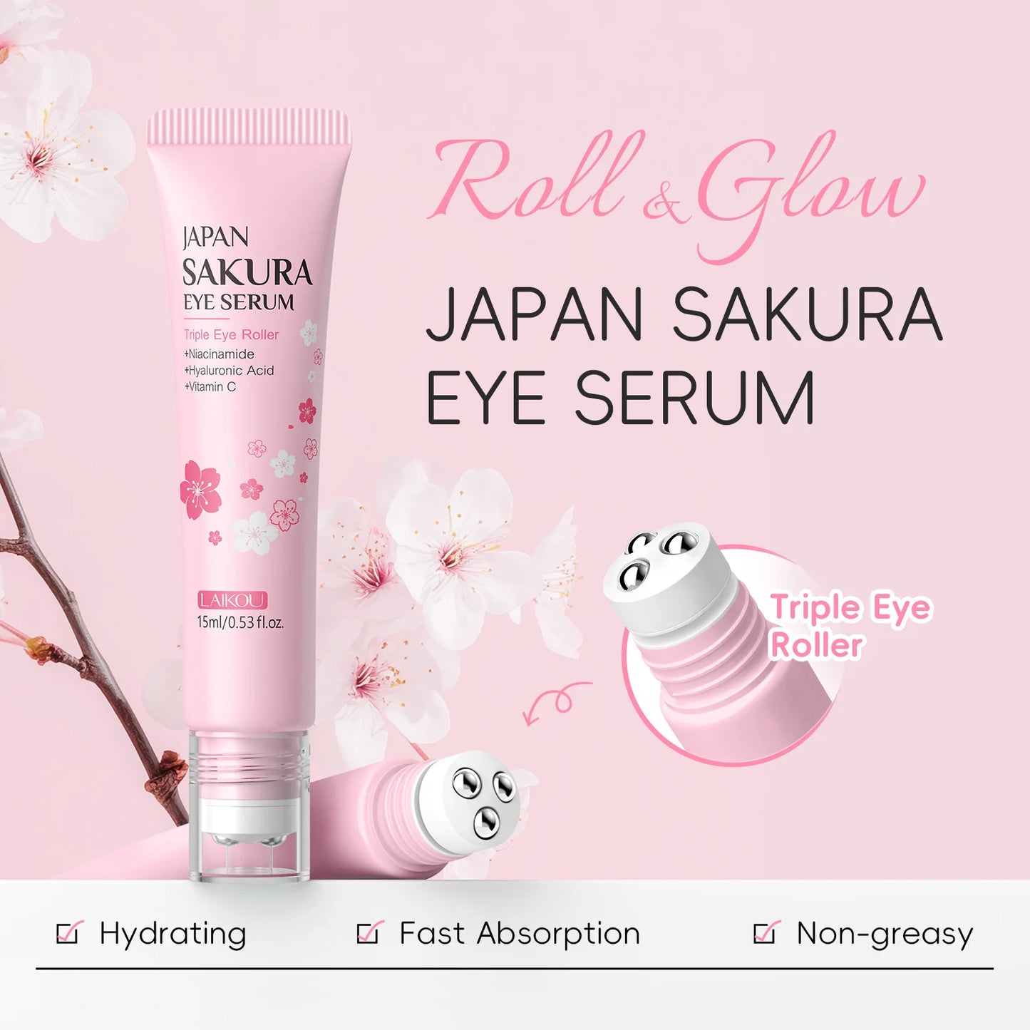 LAIKOU Sakura Roller Eye Serum – Hyaluronic Acid & Niacinamide Dark Circle & Eye Bag Treatment (15ml)