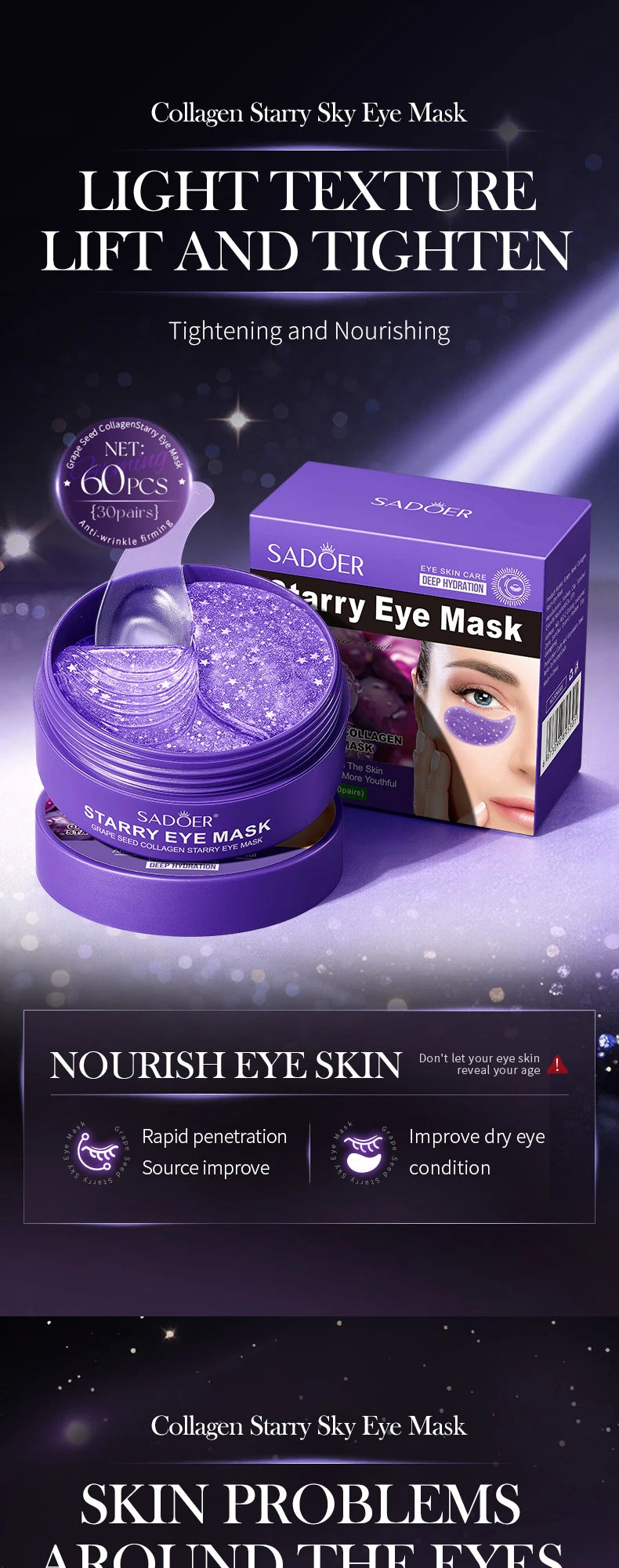 SADOER Grape Crystal Collagen Eye Masks — 60 Pcs Anti Dark Circles, Anti-Aging & Moisturizing Eye Patches