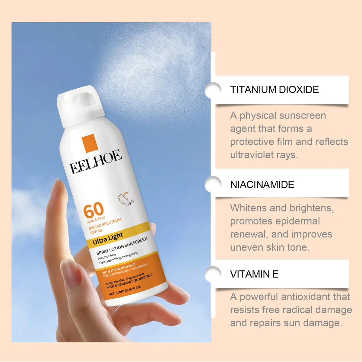 Eelhoe Vitamin E Sunscreen Spray 100ml – Long-Lasting UV Protection & Deep Moisturizing for Face