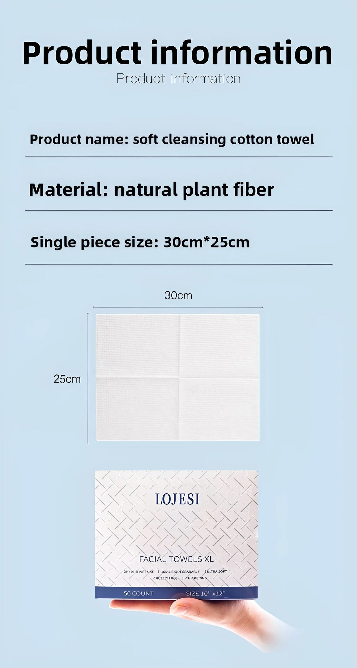 XL Plant Fiber Disposable Face Towels – Soft & Thick Dry Wipes for Makeup Removal & Face Washing, 50 Count (10x12 in / 25x30cm)