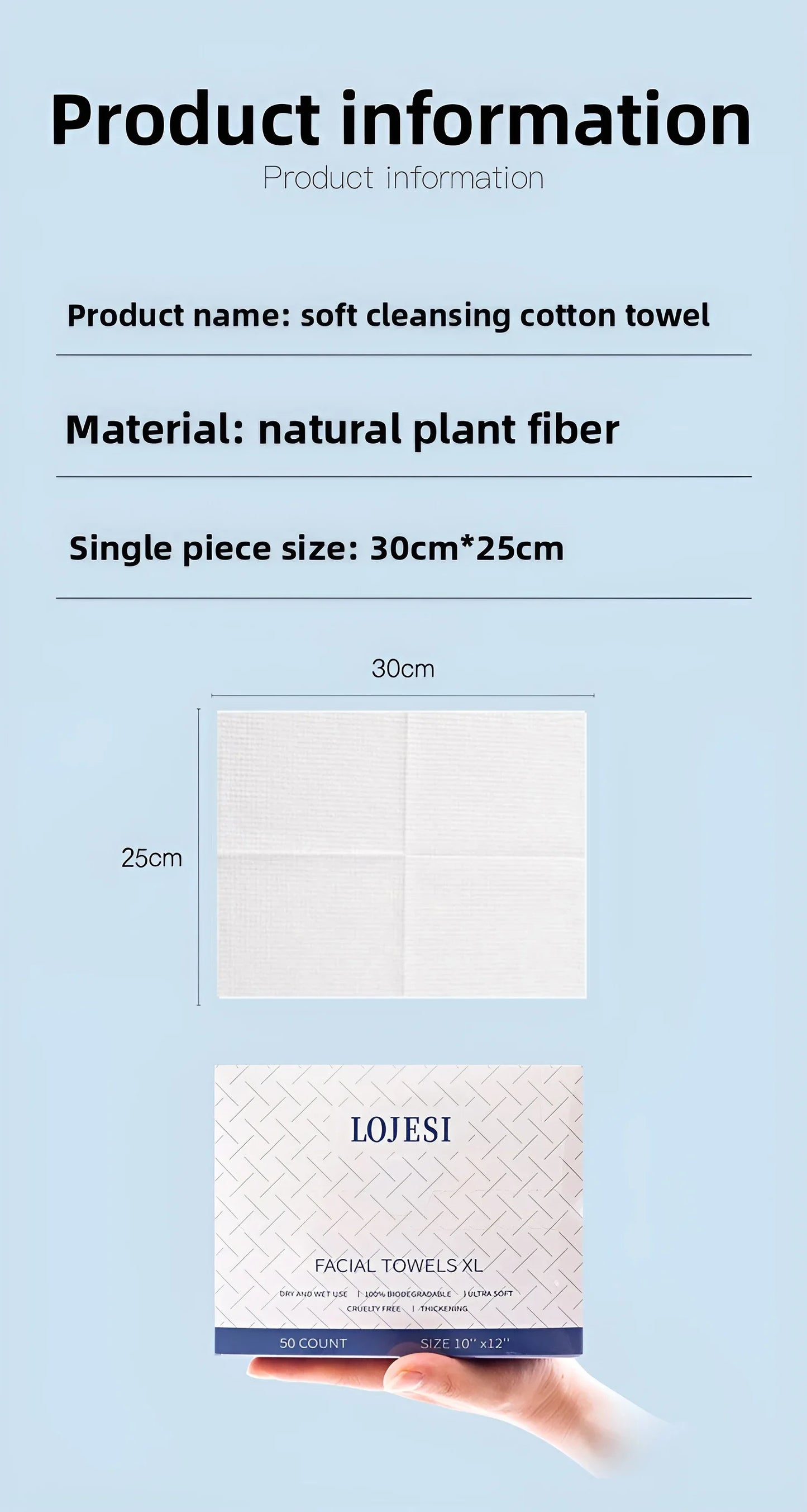 XL Plant Fiber Disposable Face Towels – Soft & Thick Dry Wipes for Makeup Removal & Face Washing, 50 Count (10x12 in / 25x30cm)