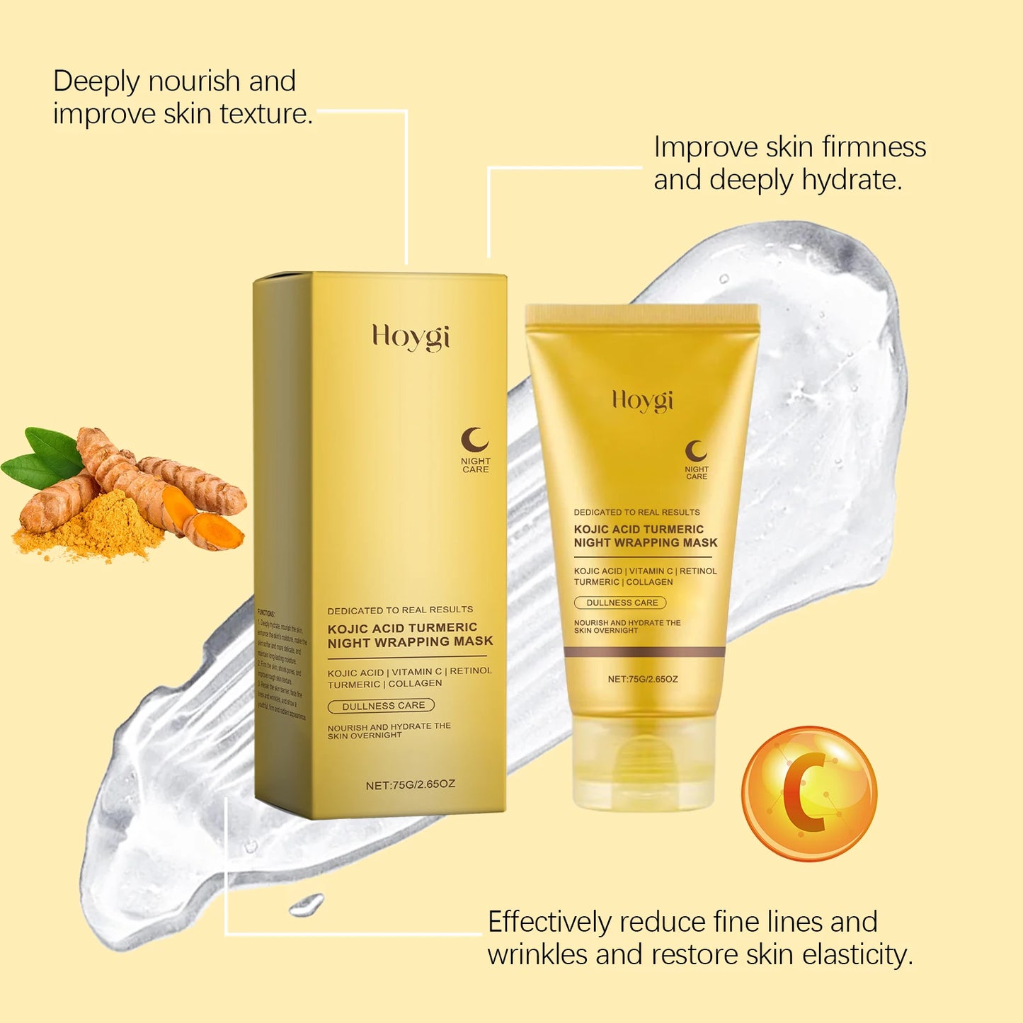 HOYGI Kojic Acid & Turmeric Overnight Peel-Off Face Mask – Anti-Aging, Brightening & Pore-Minimizing Treatment for Women (75g)